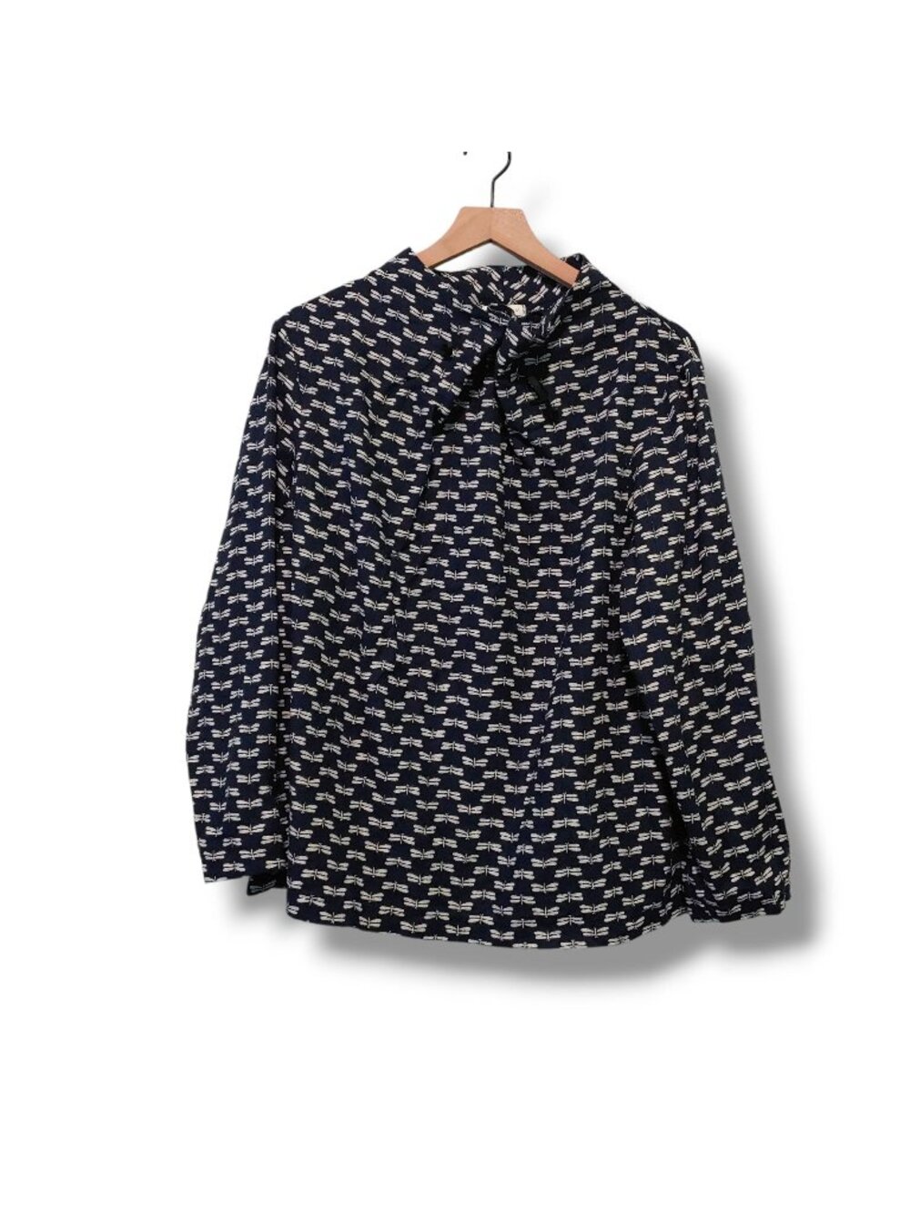 Long-sleeve top womens Medium mock neck woven top Blue w/ cream dragonfly